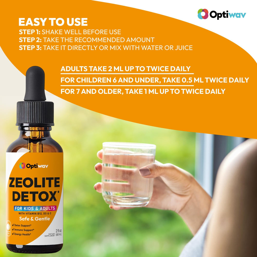 Zeolite Detox Drops bottle with natural orange flavor imagery