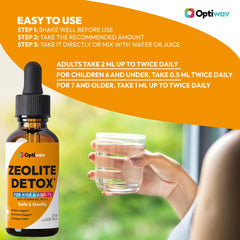 Zeolite Detox Drops bottle with natural orange flavor imagery