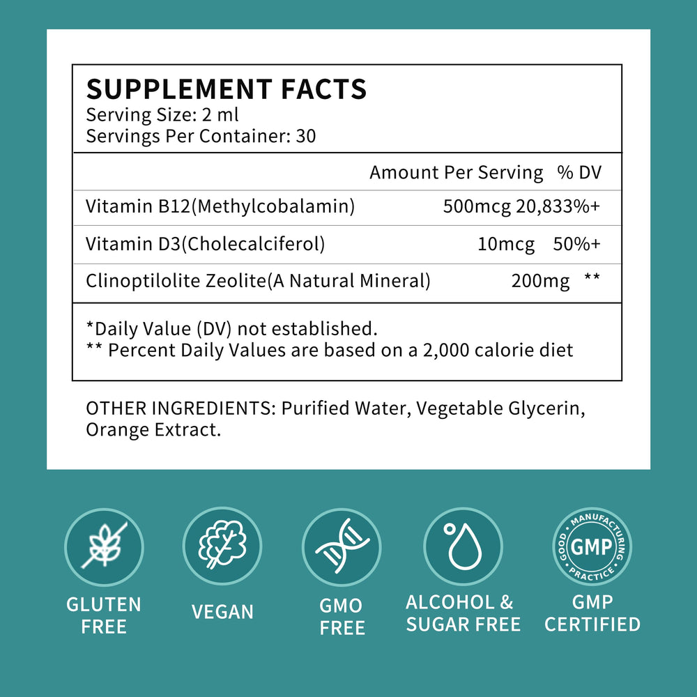 Clinoptilolite zeolite liquid drops labeling close-up