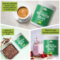 Packaging showing 0 g sugar in beef protein powder