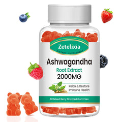 Zetelixia Ashwagandha Gummies bottle front view with 60 count and mixed berry flavor