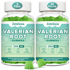 Front packaging of Zetelixia Valerian Gummies 2-pack green grape flavor, 120 count