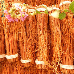 Close-up of red Panax ginseng roots, whole pieces