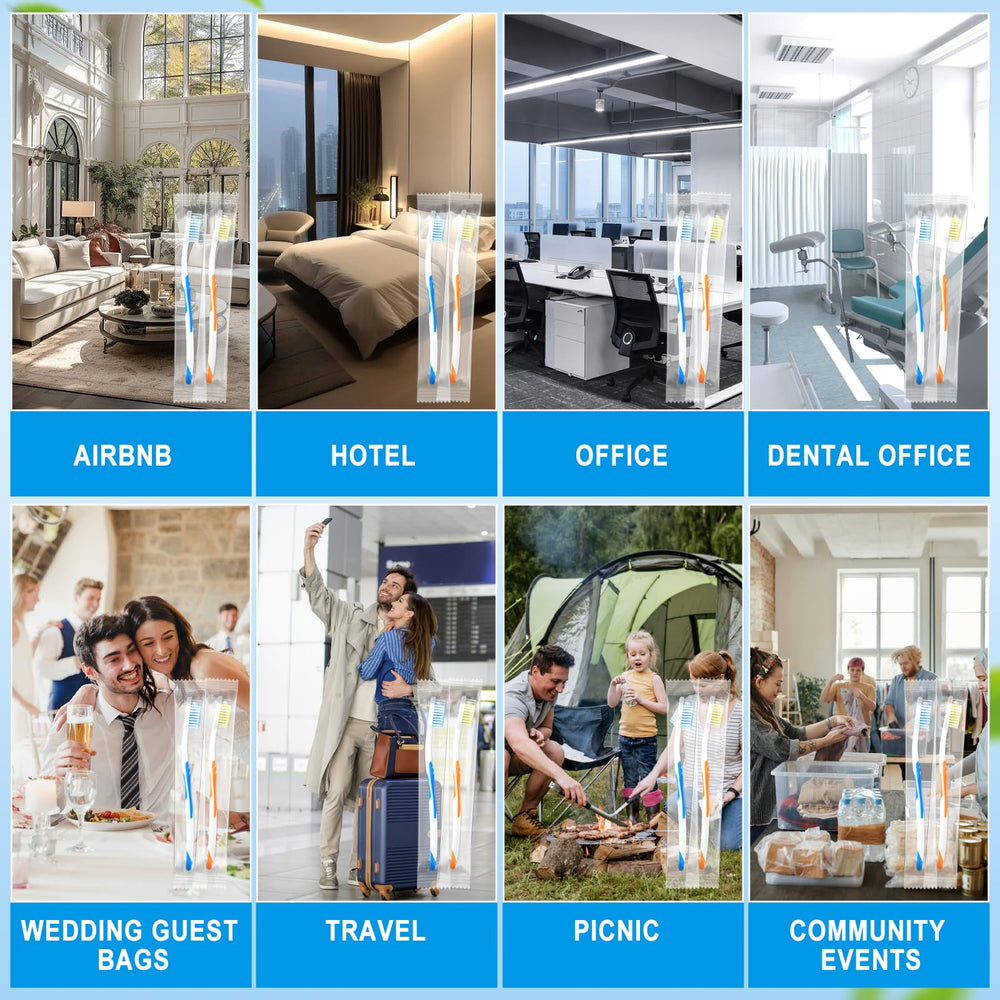 Close-up of two-color disposable toothbrushes in packaging