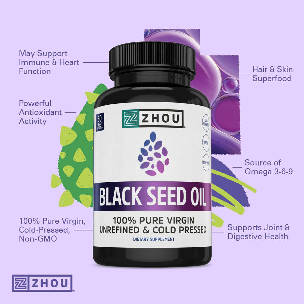 Capsules close-up highlighting the 60-count pack of unrefined black seed oil