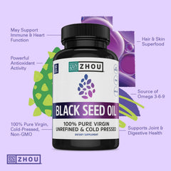 Capsules close-up highlighting the 60-count pack of unrefined black seed oil