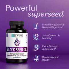 Label close-up of ZHOU Black Seed Oil Capsules showing pure cold-pressed Nigella Sativa oil
