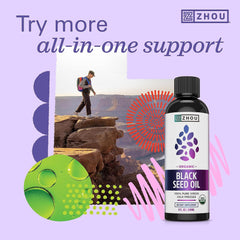 ZHOU Black Seed Oil Capsules graphic focusing on omega fatty acids.