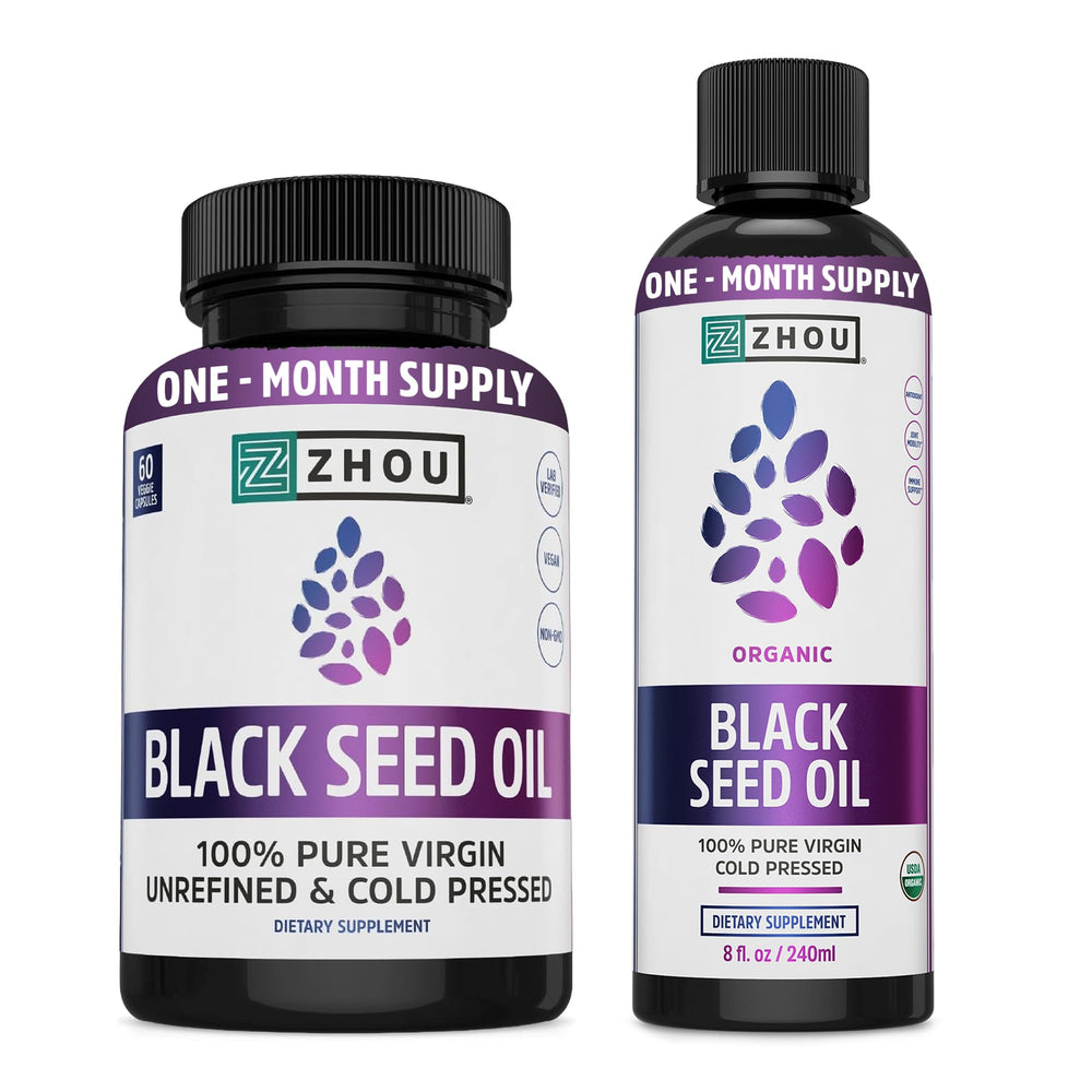 ZHOU Black Seed Oil bottle being poured for hair and skin support.