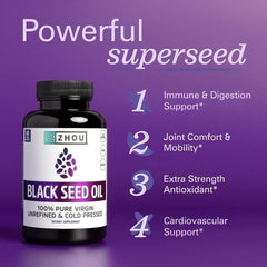 ZHOU blackseed oil bottle on a clean shelf, signaling premium quality.