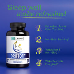Zhou Driftoff packaging with chamomile and valerian ingredients