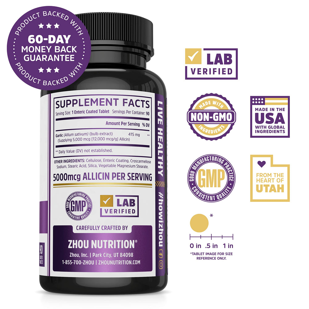 Close-up of enteric-coated garlic tablet showing 5000 mcg allicin