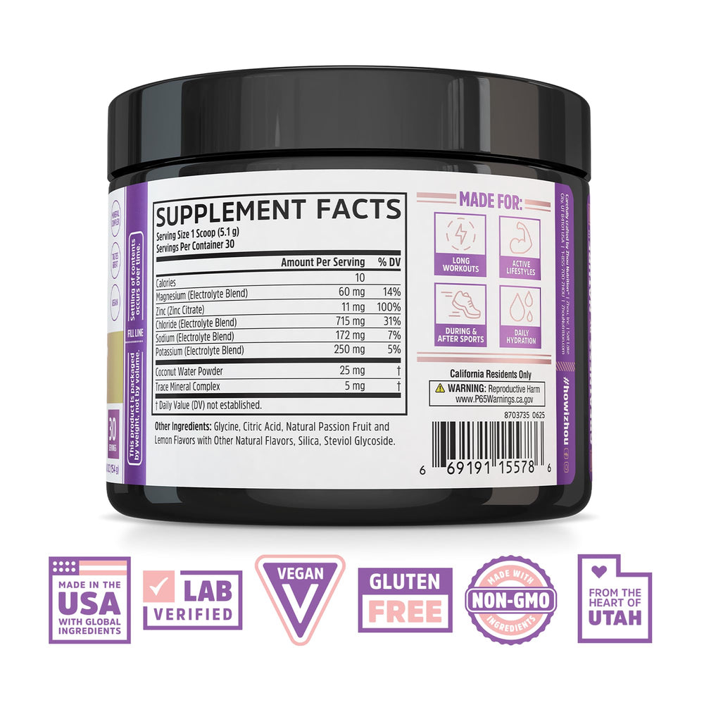 Nutrition panel for Zhou Hydro-Fuel Passionfruit Lemonade electrolyte powder