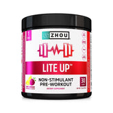 Zhou Lite Up bottle front label for caffeine-free nitric oxide support during workouts.