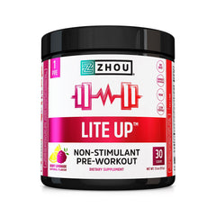Zhou Lite Up bottle front label for caffeine-free nitric oxide support during workouts.