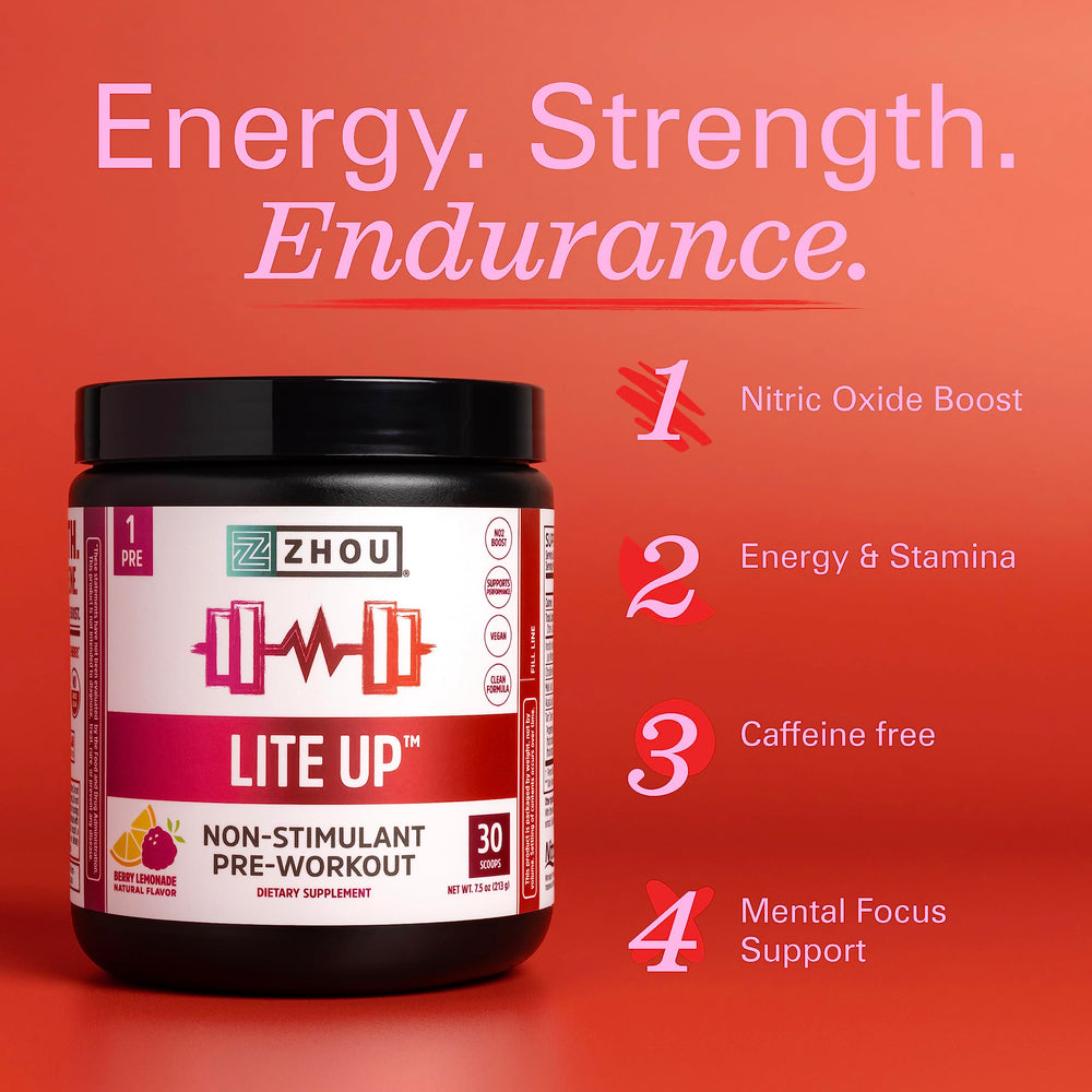 Zhou Lite Up scoop and label highlighting 30 servings for clean pre-workout energy.