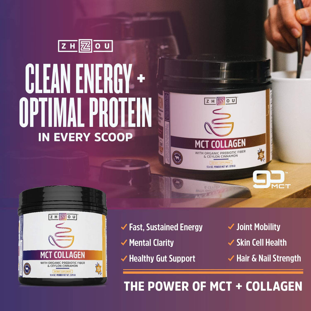 Ingredient list and scoop of Zhou MCT Collagen Powder Vanilla