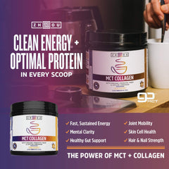 Ingredient list and scoop of Zhou MCT Collagen Powder Vanilla