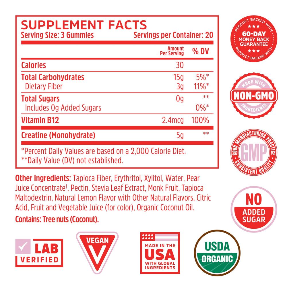 Nutrition label showing 5 g creatine per chew and vitamin B-12