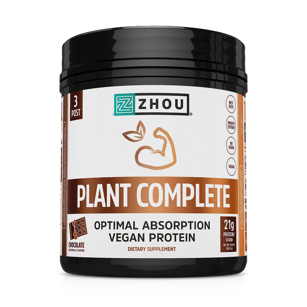 ZHOU Plant Complete protein powder tub front highlights 21g per serving for post-workout fueling