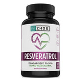 ZHOU Resveratrol bottle label showing 50 percent trans-resveratrol potency