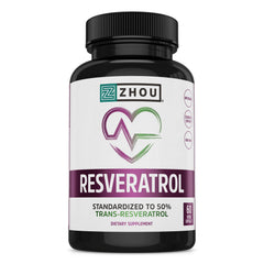 ZHOU Resveratrol bottle label showing 50 percent trans-resveratrol potency