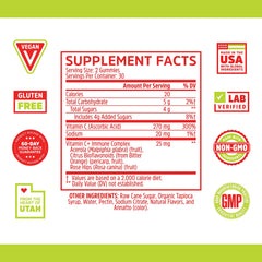 Close-up of 270 mg vitamin C per gummy and boosters