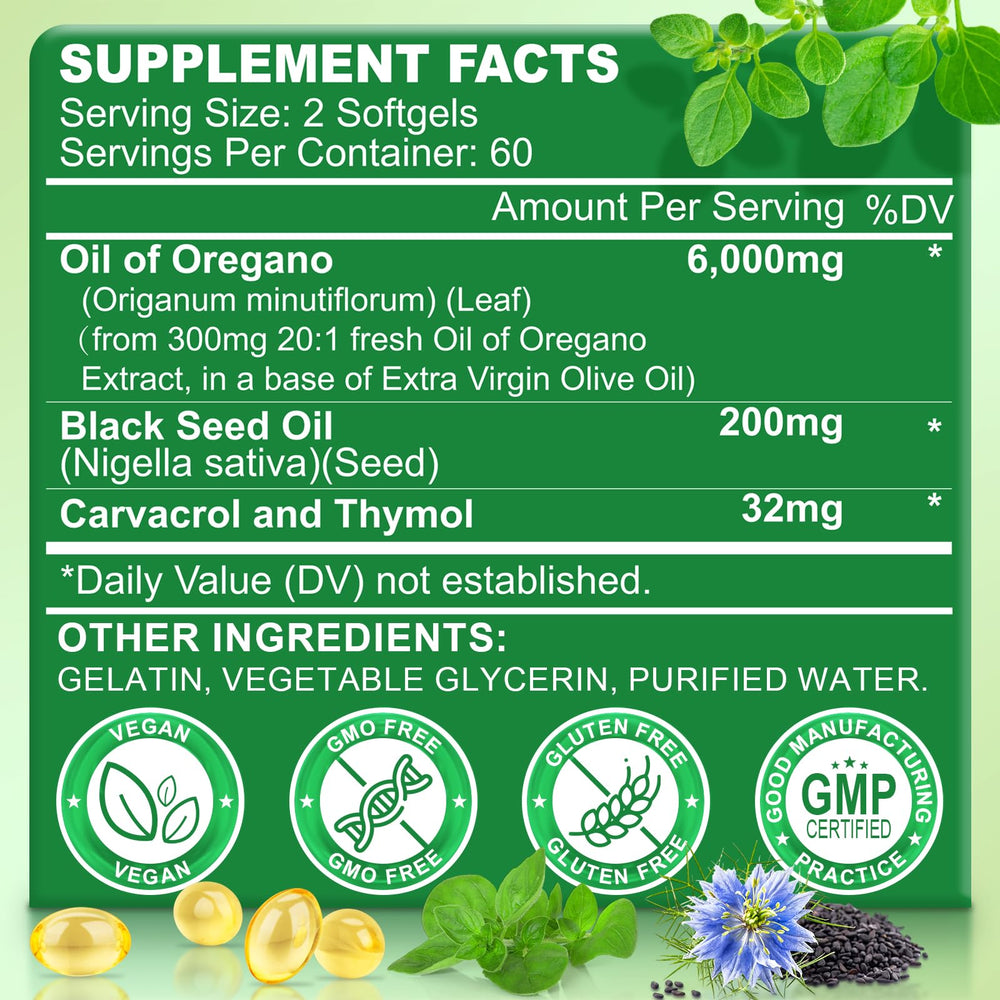 Close-up of 6000mg Oregano Oil capsules with softgel