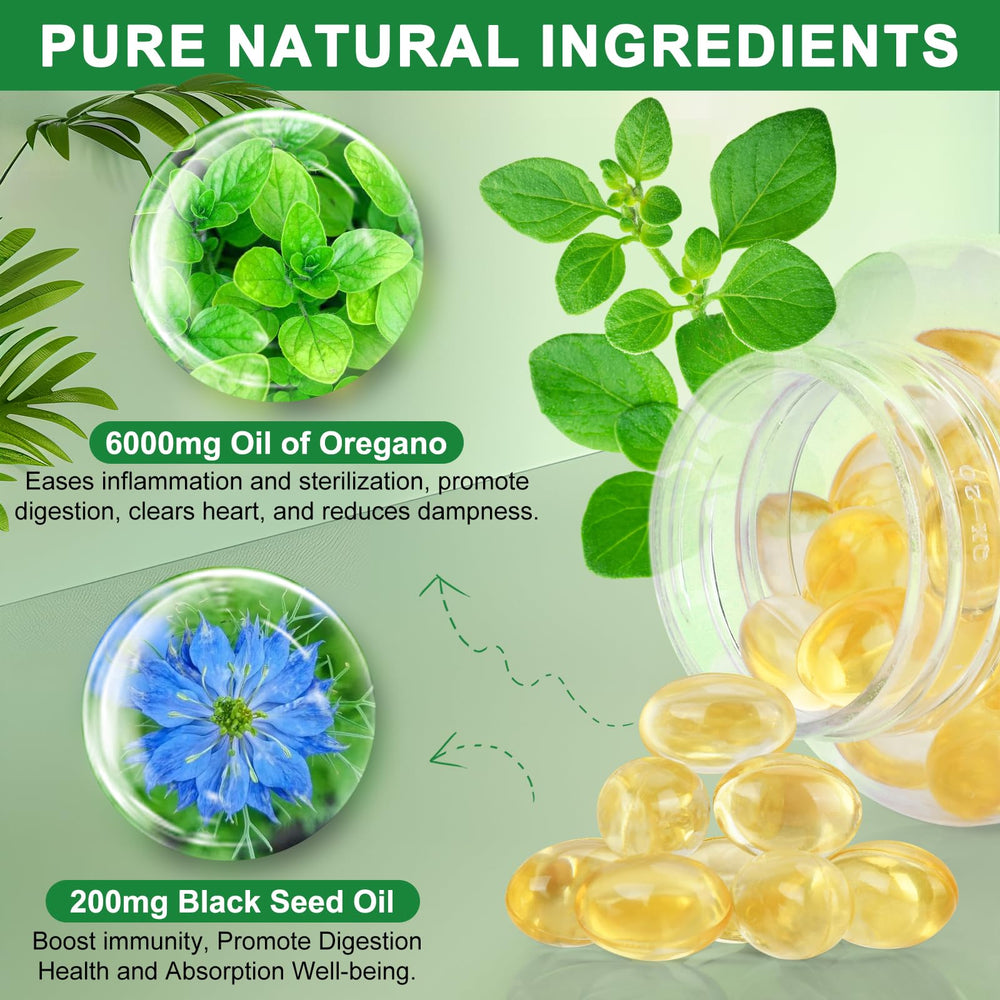 Bottle open showing oregano and black seed oil capsules