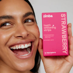 Two-pack packaging of Zimba Teeth Whitening Strips with 56 strips total