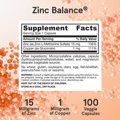 Supplement facts panel for Zinc Balance