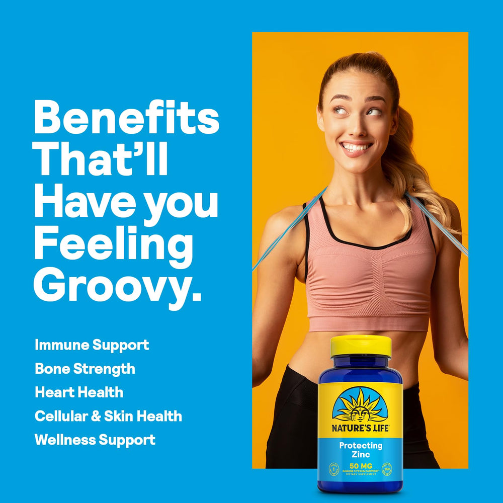 Graphic showing zinc supports immune system, bones, muscles and heart health