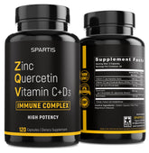 Front view of Zinc Quercetin 500mg with Vitamin C, D3, Bromelain – SPARTIS ZQV bottle