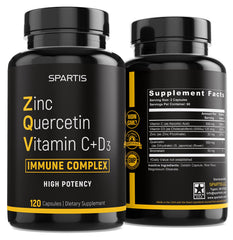 Front view of Zinc Quercetin 500mg with Vitamin C, D3, Bromelain – SPARTIS ZQV bottle