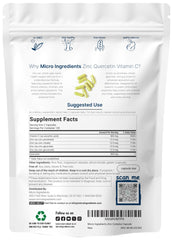 Graphic showing zinc quercetin and vitamin C ingredients