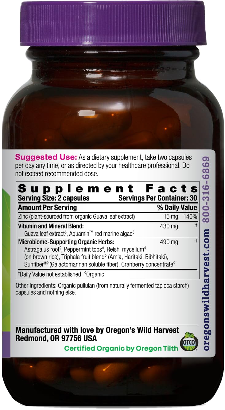 Close-up of ingredients including organic guava leaf zinc source and microbiome-supporting herbs