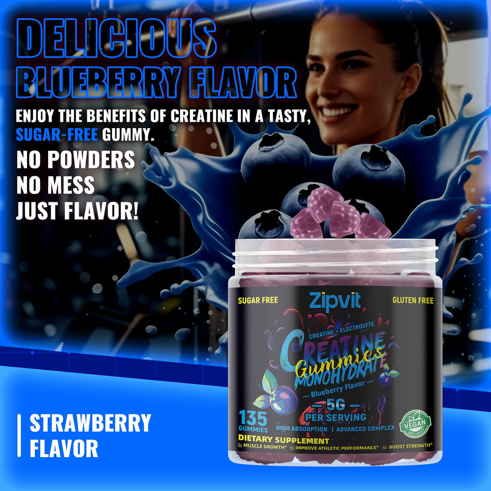 Zipvit Creatine Monohydrate Gummies blue blueberry electrolyte flavor