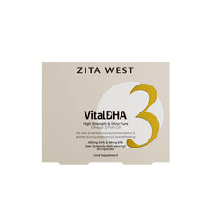 Zita West Vital DHA bottle and capsules on white background