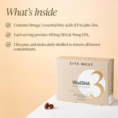 Zita West Vital DHA bottle with zinc and omega-3 ingredients label