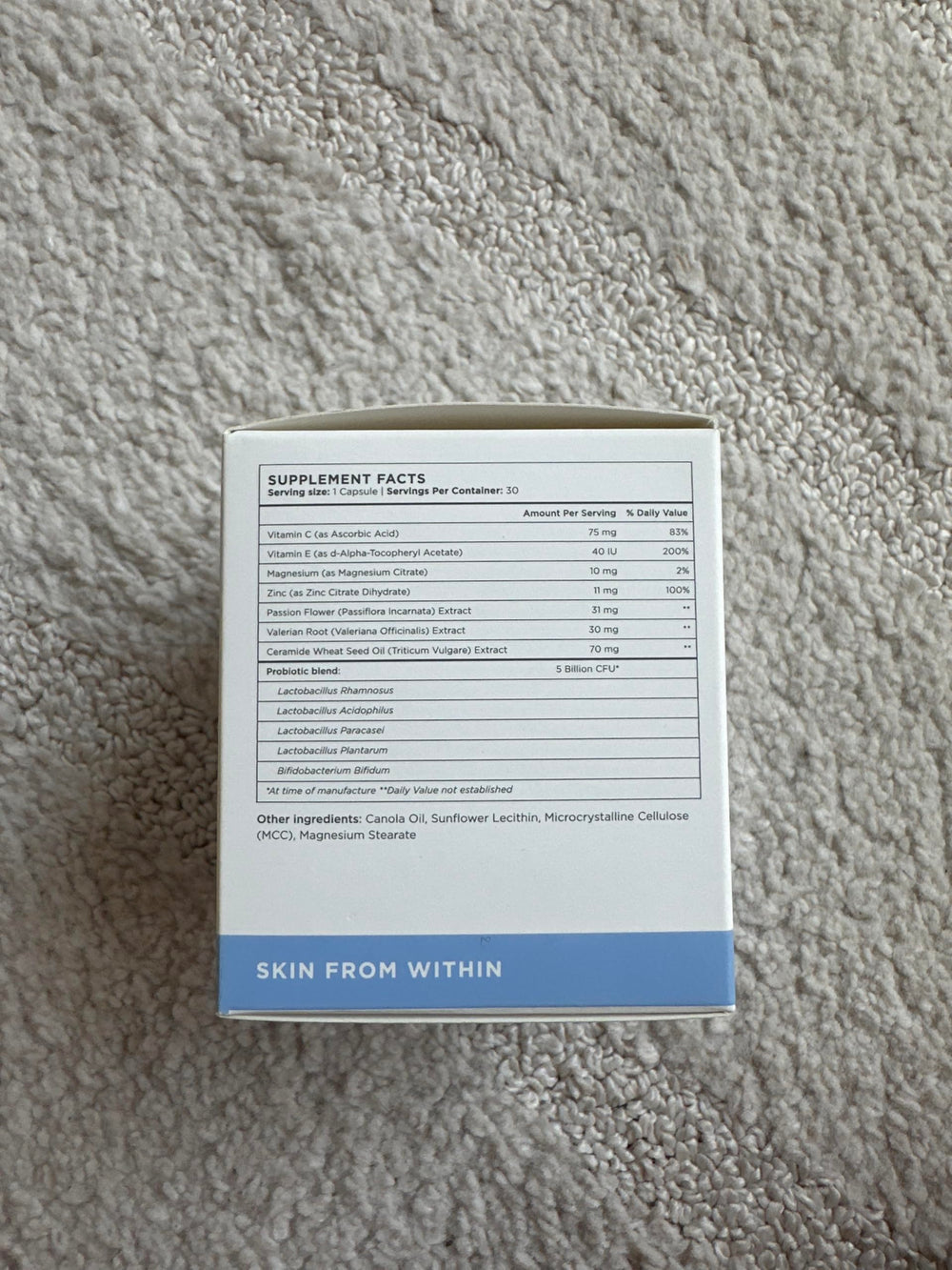Back label of ZitSticka Vitamin Acne Supplement bottle with ingredients