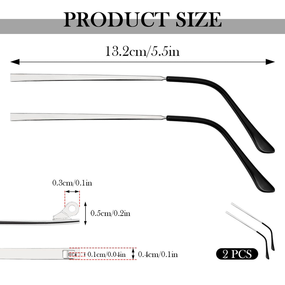 Close up of universal replacement glasses arms compatible with metal and plastic frames