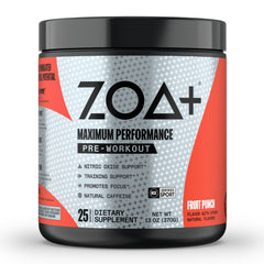 ZOA+ Zero Sugar Fruit Punch pre-workout canister front view