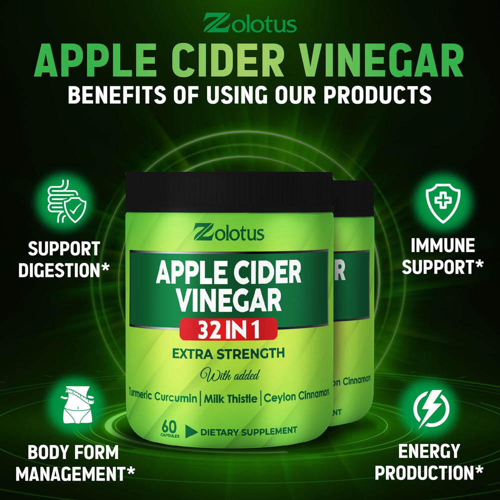 Vegan, non-GMO, gluten-free labels on Zolotus Apple Cider Vinegar Capsules