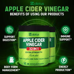 Vegan, non-GMO, gluten-free labels on Zolotus Apple Cider Vinegar Capsules