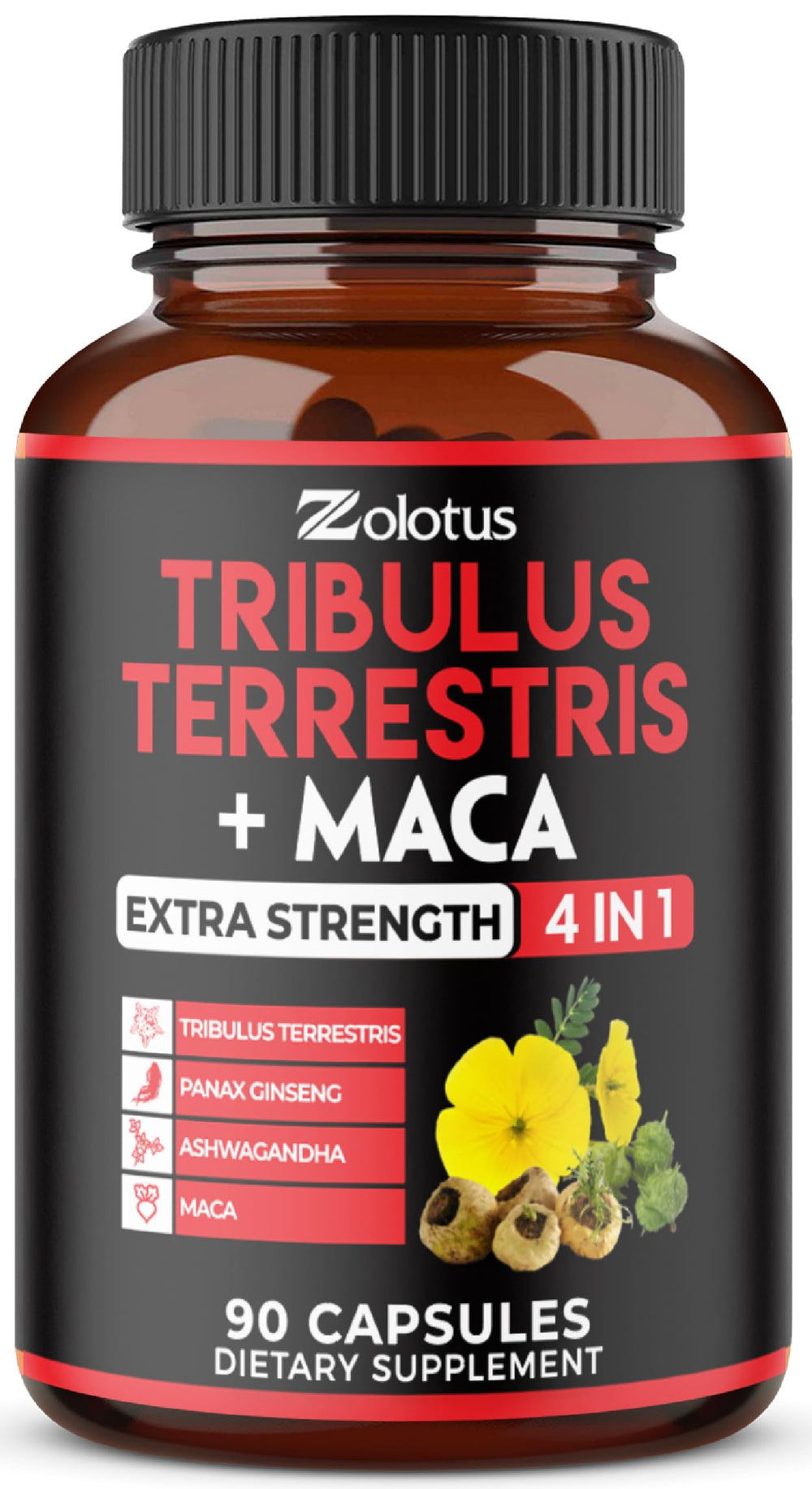 Zolotus Tribulus Terrestris capsules bottle with 90-count packaging featuring Ashwagandha, Ginseng and Maca