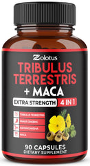Zolotus Tribulus Terrestris capsules bottle with 90-count packaging featuring Ashwagandha, Ginseng and Maca