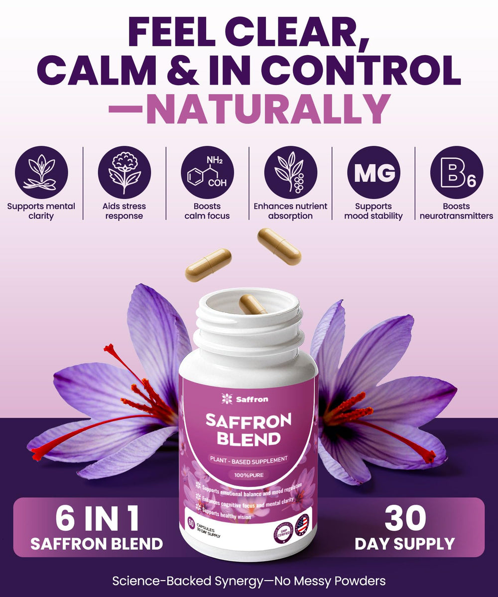 Close-up of ZonaVitalis saffron blend capsules next to bottle