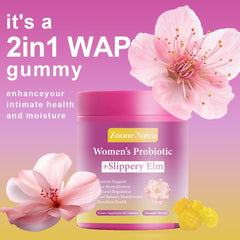Label emphasizing probiotics, prebiotics, and slippery elm benefits