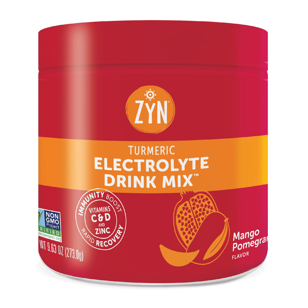 ZYN electrolyte hydration mix mango-pomegranate tub front for daily hydration with balanced minerals.