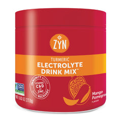 ZYN electrolyte hydration mix mango-pomegranate tub front for daily hydration with balanced minerals.